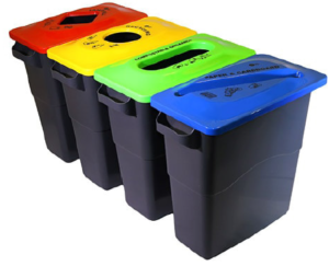 4 colour-coded multi-sort waste management collection bins